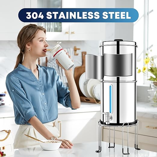 Gravity Water Filter System with 3 Stage 0.001μm Ultra-Filtration, 2.25G Stainless Steel Countertop Water Filtration System, Include 3 Filters, Metal Stand&Spigot, Reduce 99.99% Chlorine-2025 Upgraded
