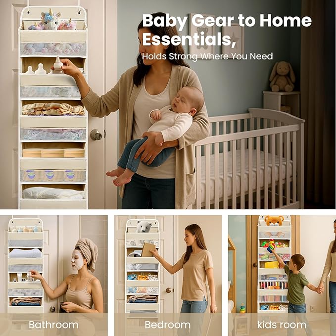 Over The Door Organizer with 8 Side Mesh Pockets, 44lb Weight Capacity Hanging Behind The Door Bathroom Organizers and Storage Suitable for Storing Toys, Shoes, Towels, Lvoy White, 5 Shelf