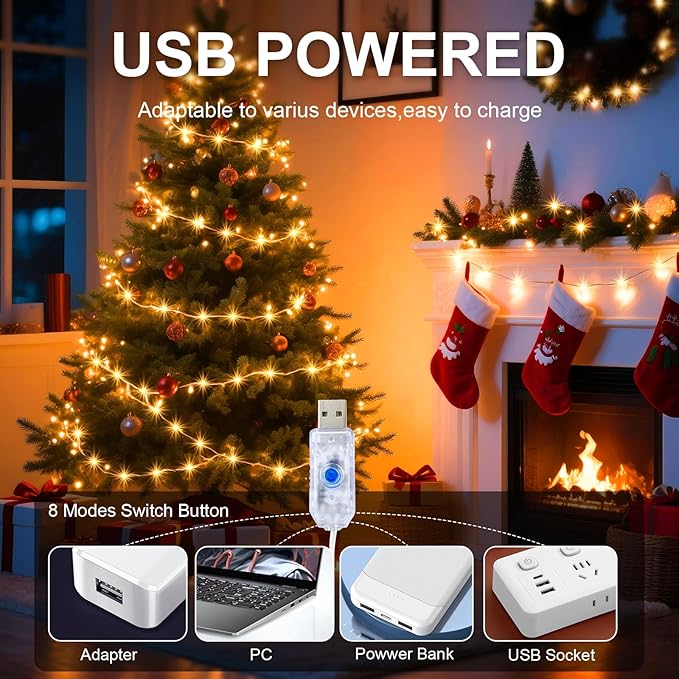 2Pack USB Plug in Fairy String Lights,16ft 50 LED Copper with Remote and Timer, 8 Modes Waterproof Twinkle String Lights Battery Powered for Bedroom Indoor Party Wedding Christmas Decoration