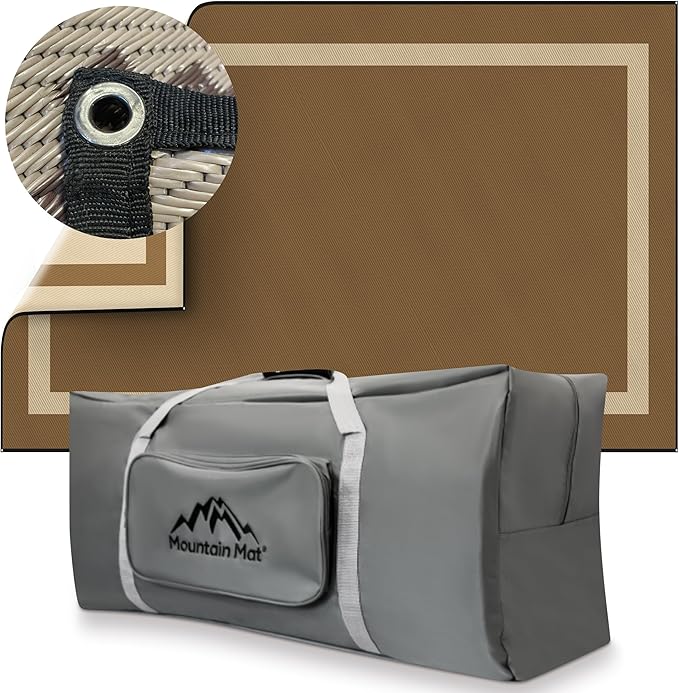 8x16 Brown Outdoor RV Mat with Carry Bag – Extra Thick 5mm Recycled Poly Rug – Waterproof, Reversible, Heavy-Duty – Premium Mat for Campsites, Patios, Decks (8' x 16', Brown Solid)