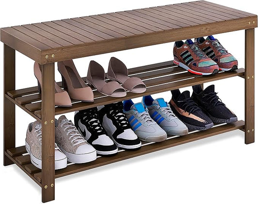 SMIBUY Bamboo Shoe Rack Bench, 3-Tier Shoe Organizer Storage Shelf for Entryway Hallway Bathroom Living Room (Walnut)