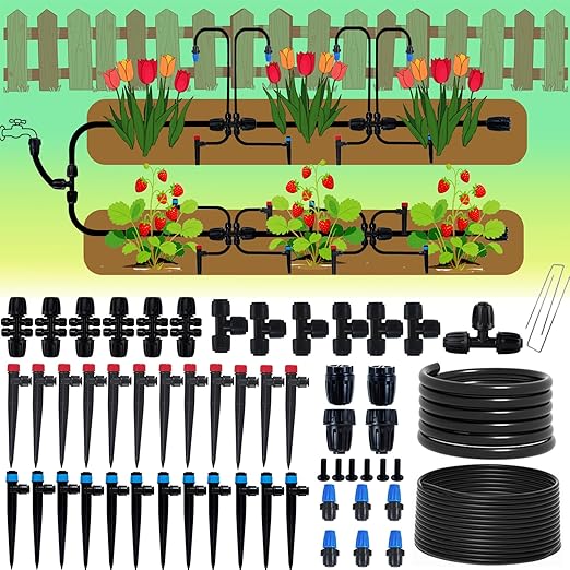 250ft Drip Irrigation Kit, Quick-Connect Plant Watering System for Greenhouse, Automatic Sprinkler System for Yard,Garden Watering Misting with Irrigation Tubing Adjustable Emitter Ground Stake