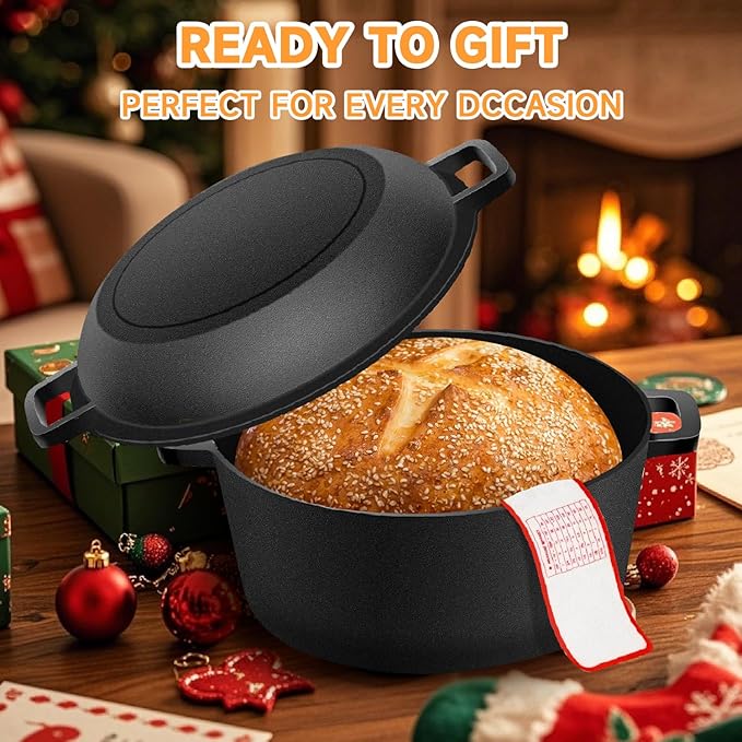 Cast Iron Dutch Oven Bread Baking Kit - 10-Piece Set with Banneton Basket, Dough Scraper, pizza shovel，Bread Lame, Whisk, Brush, and Silicone Grips with Skillet Lid Cooking Pan Handles Lame, 5QT