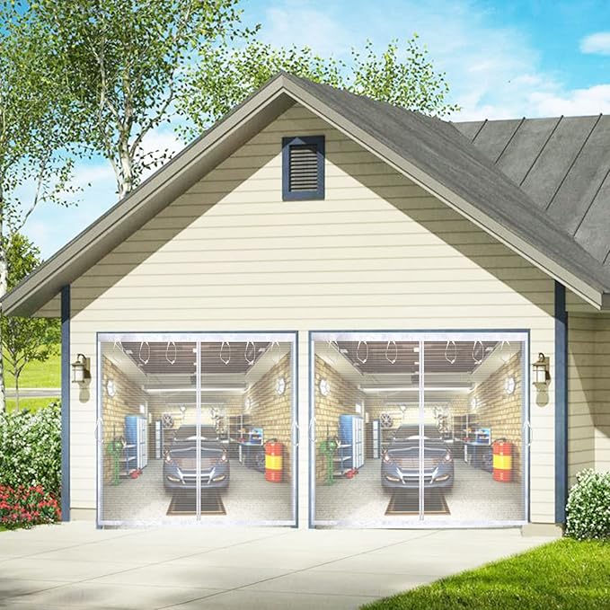 Magnetic Garage Door Screen Kit 9x8 FT White - Retractable Mesh Net Screen Door with Fiberglass Mesh for 1 Car Garage 9x8ft, Blocks Bugs & Provides Privacy - Perfect for Workshop, Gym, Patio