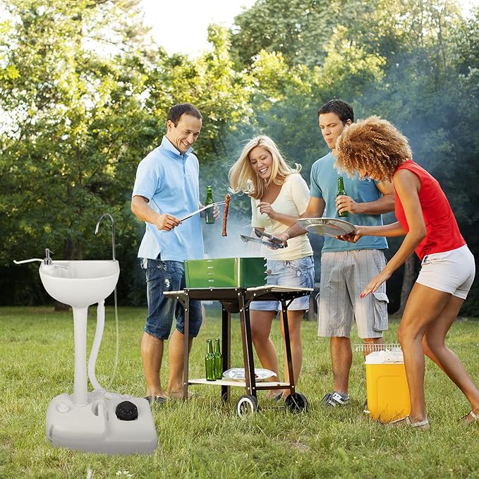 Outvita Portable Camping Sink w/ 19L Water Tank Rolling Wheels Towel Holder Soap Dispenser Faucet, Outdoor Foot Pump Washing Station for RV Boat Travel Picnic Worksit