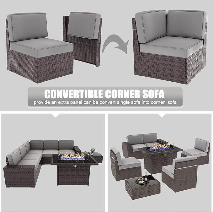 LayinSun 7 Pieces Outdoor Patio Furniture Set with 44" Fire Pit Table Brown Rattan Sectional Sofa Conversation Sets