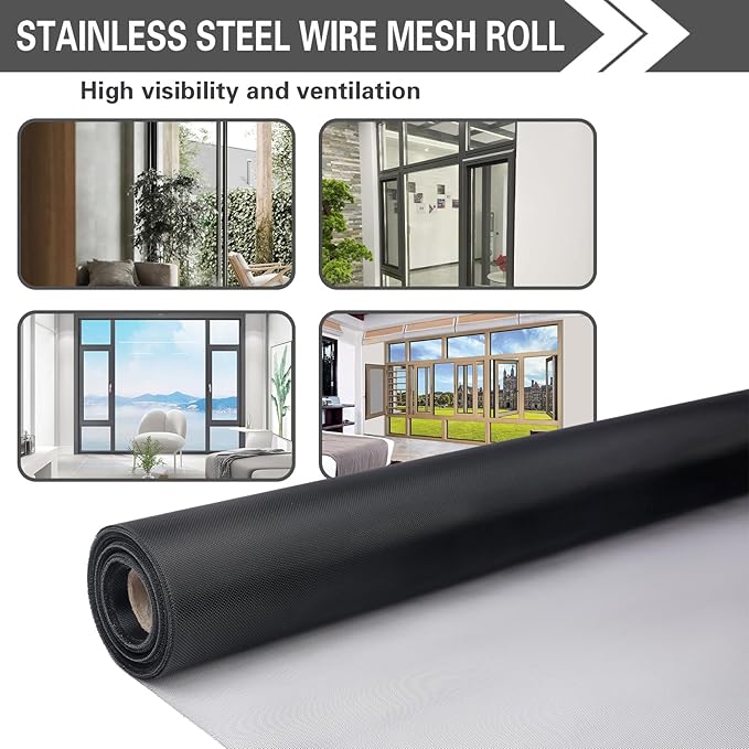 304 Black Stainless Steel Robust & Shielding Window Screen Replacement Mesh Screen, 39IN x 100FT, Perfect for Windows, Doors, Patios & Pets, Mosquito-Proof,Sturdy Screen Mesh Roll (20 Mesh)
