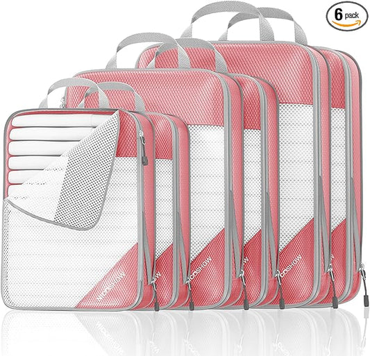Compression Packing Cubes 6 Set, Compressible Space-Saving Packing Cubes for Travel - Compression Bags, Luggage Organizer, Travel Essentials for Women, Pink