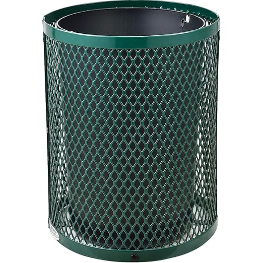 Global Industrial Outdoor Diamond Steel Trash Can with Rain Bonnet Lid and Plastic Liner, 36 Gallon Capacity, Green, Thermoplastic Coating, 23-1/2" Diameter, 40-1/2"H