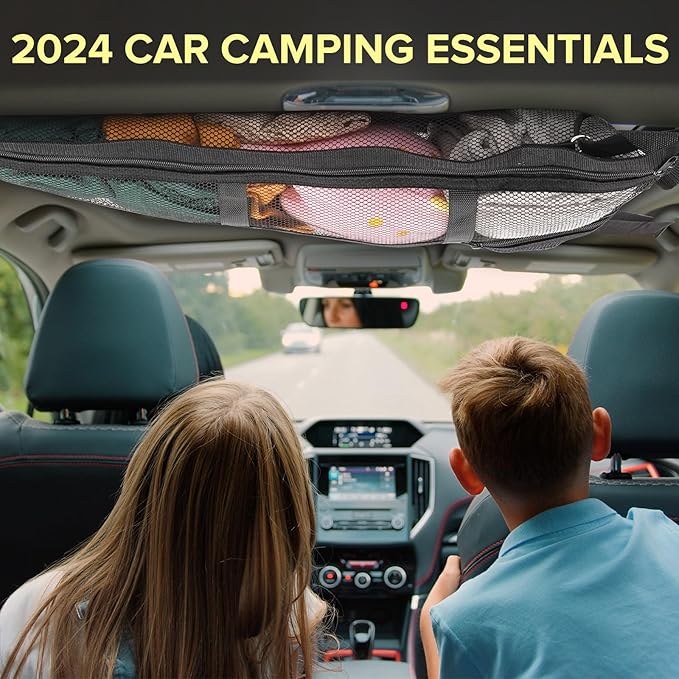 Kaskawise 31.5"x21.6" Car Ceiling Cargo Net – Double-Layer Roof Storage Organizer for 3-Handle & 4-Handle Vehicles, Perfect for Road Trips & Car Camping