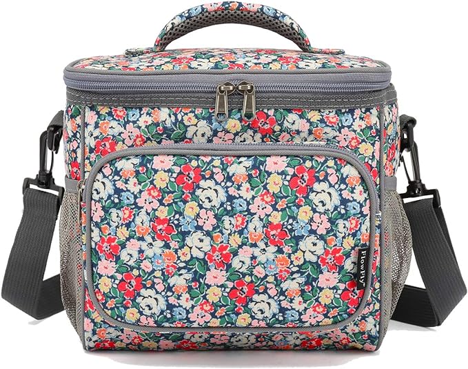 FlowFly Insulated Reusable Lunch Bag Adult Large Lunch Box for Women and Men with Adjustable Shoulder Strap,Front Zipper Pocket and Dual Large Mesh Side Pockets,Floral