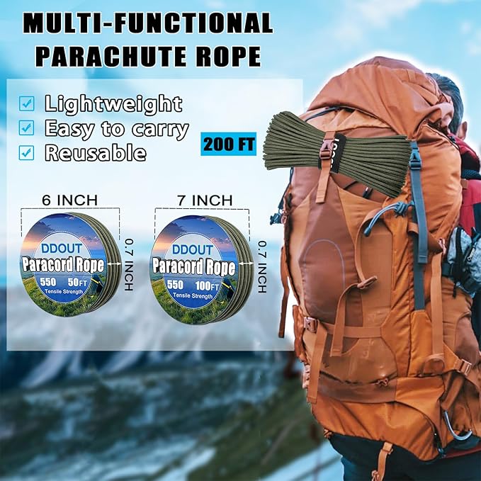 Paracord Nylon Rope Army Green 50ft with 7-Strand Core, 10 Colors and 50/100/200 ft, Type III Parachute Cord 4mm for Camping, Survival, Hiking, DIY, Crafting, Outdoor Utility Rope