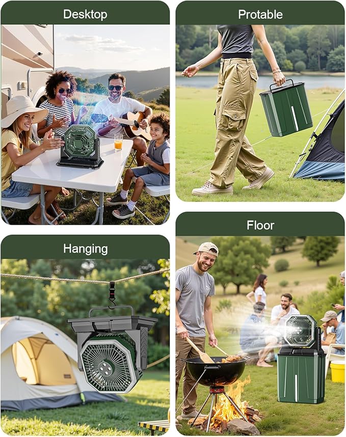 Portable Misting Fan, Rechargeable Outdoor Cooler, Battery Operated Personal Fan with3 Speeds & 8L Bucket for Patio, Camping,Hiking, Backyard, Travel, Desk,Pool, Beach, Green