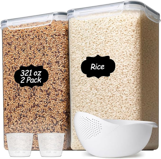 ComSaf Rice Container Set of 2(9.5L/321OZ), Large Airtight Food Storage Containers with Lid and Rice Washer, Plastic Canisters Sets for The Kitchen, Pantry Organizers for Flour, Cereal and Cooking