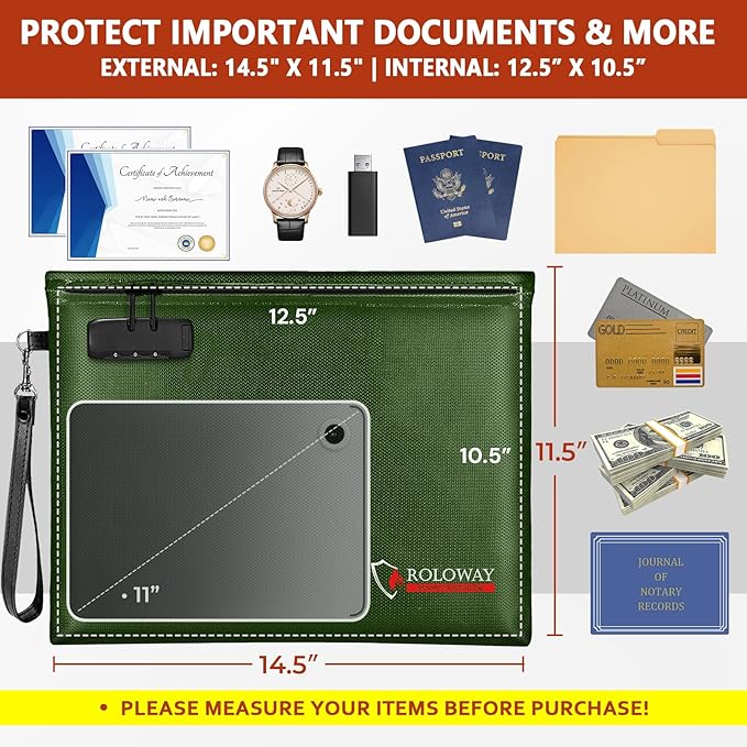 ROLOWAY Fireproof Document Bag (14.5 x 11.5 inch), 6400℉ Fireproof Money Bag with Zipper for Cash, Fire Safe Money Pouch with Lock (Green)