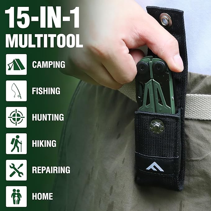 FLISSA Multitool, 15-in-1 Multi Tool Pocket Knife with Sheath, Stainless Steel EDC Multitool Pliers for Men, All-in-One Tools for Camping, Fishing, Survival