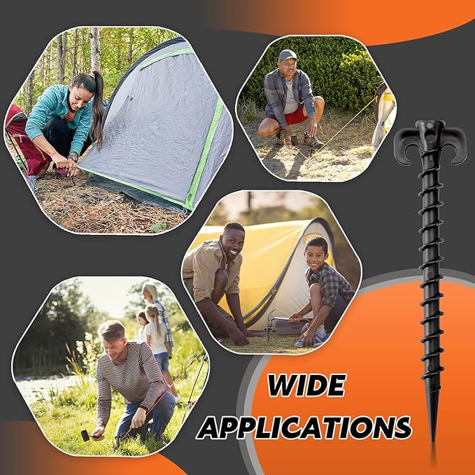 AUGSUN 16 Pack Plastic Tent Stakes Heavy Duty, Black Sand Stakes for Beach 7.5 Inch Screw in Tent Stakes Spiral Ground Anchors Tent Pegs Canopy Stakes for Inflatables Outdoor Camping Hiking Garden