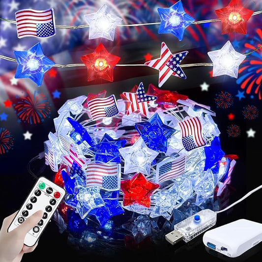 4th of July Decorations Lights, 16FT Red White Blue String Lights, 50LED Flag Stars Patriotic Light with Remote, USB & Battery Powered Fairy Light for Patriotic Memorial Day Independence Day Decor