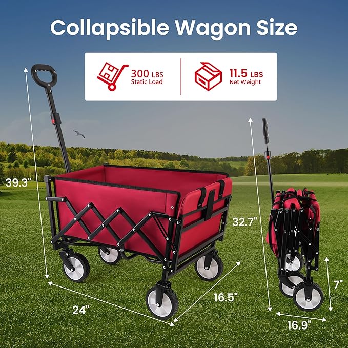 MAZING Collapsible Foldable Wagon with Tailgate Extended, 300lbs Heavy Duty Portable Lightweigh Utility Folding Wagon Cart for Grocery, Camping, Garden, Fishing