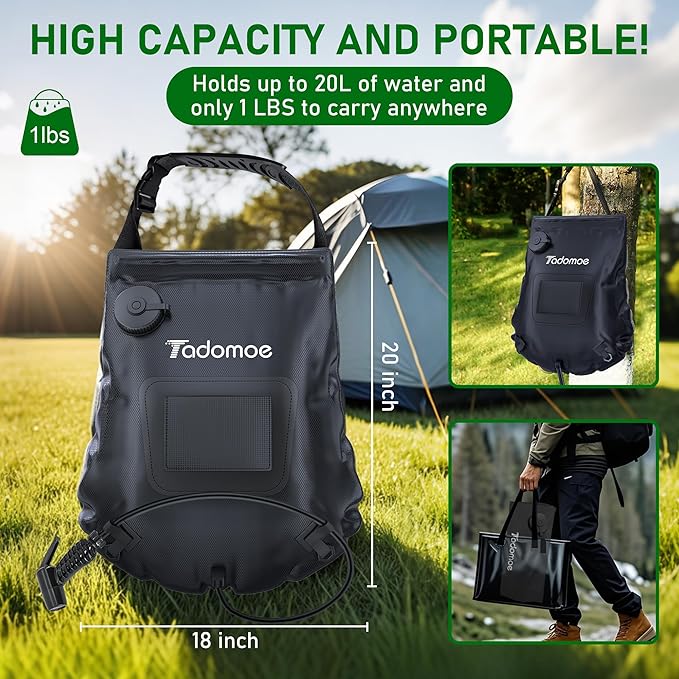 Portable Shower for Camping with 5-Gallon Solar Shower Bag,Temperature Gauge & Dual Spray Modes,Solar Heating PVC for Hot Showers,Perfect for Camping,Hiking,Beach Trips & Outdoor Adventures