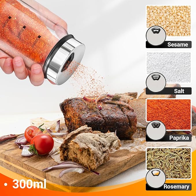 Segarty Glass Spice Jars, 3 Pack 10oz Large Spice Jar with Labels, Spice Container with Adjustable Shaker Lids, Salt Pepper Shakers Set Seasoning Bottles with 136 Stickers, 1 Chalk Marker and 1 Brush