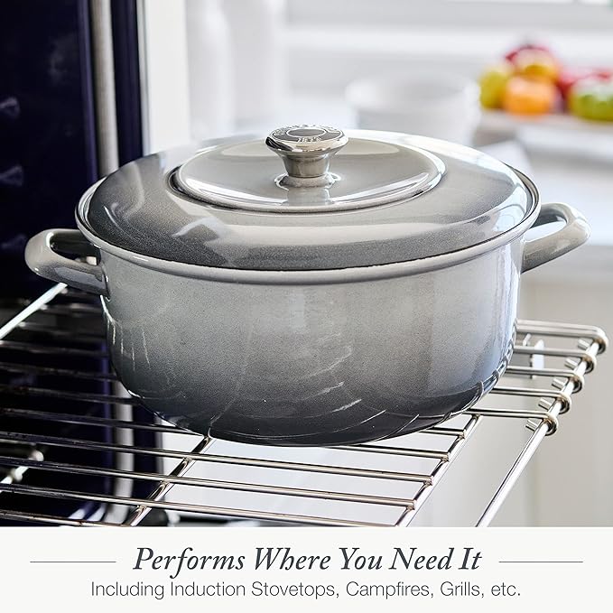 Merten & Storck 5.3QT Round Dutch Oven Casserole Pot with Lid, European Crafted Enameled Iron Stockpot, Induction & All Cooktops, Braising, Stews, Roasting, Slow Cooking, Sourdough, Cloud Gray
