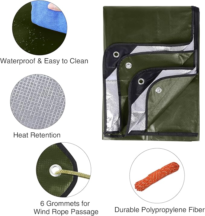 RedSwing 6 Pack Heavy Duty Waterproof Emergency Thermal Tarp, Insulated Survival Blanket for Outdoor Camping, Hiking, and Emergency Shelter, Green