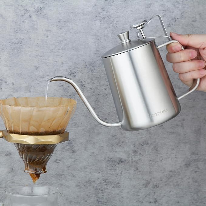 Easyworkz Gage Gooseneck Pour Over Coffee Kettle 20 oz with Thermometer Stainless Steel Hand Drip Coffee Pot With Long Narrow Spout, Silver