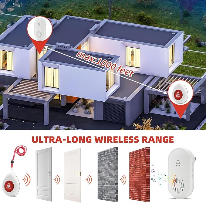 Wireless Caregiver Pager SOS Call Button for Elderly Monitoring 1000+ Feet Life Alert，Emergency Alert System Call Bell for Nurse Patient Disabled 1 Waterproof Transmitter & 2 Plugin Receiver