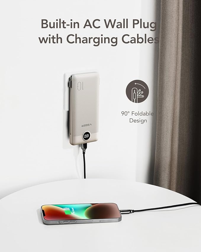 VEGER Portable Charger for iPhone with Built in Cables and Wall Plug, 10000mah Slim Fast Charging USB C Power Bank, Travel Essential Battery Pack Compatible with iPhone, iPad, Samsung etc(Coffee)