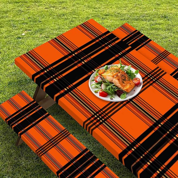 CAPSCEOLL Elastic Picnic Table Cover with Bench Covers 5Ft Waterproof Fitted Picnic Table Cover Cloths for Outdoors Camping Tablecloth with Drawstring Bag, 60X30in, Orange Plaid