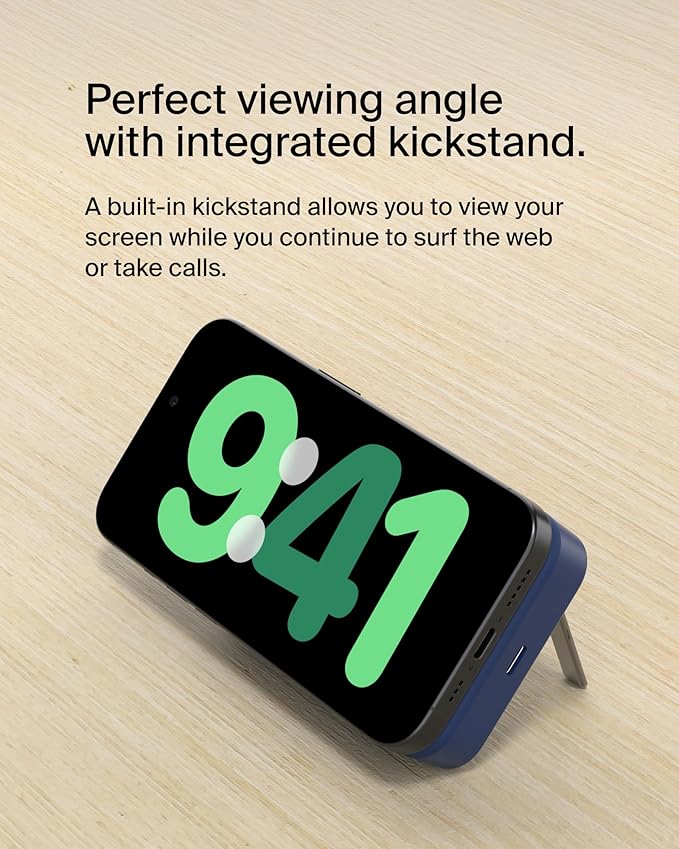 Belkin Portable Charger, Wireless Power Bank 15W 10000 mAh w/ Qi2, MagSafe Charger + Built-in Pop-up Kickstand - Compatible w/iPhone 17, Air, Pro, Pro Max, Google Pixel 10, etc. - Blue