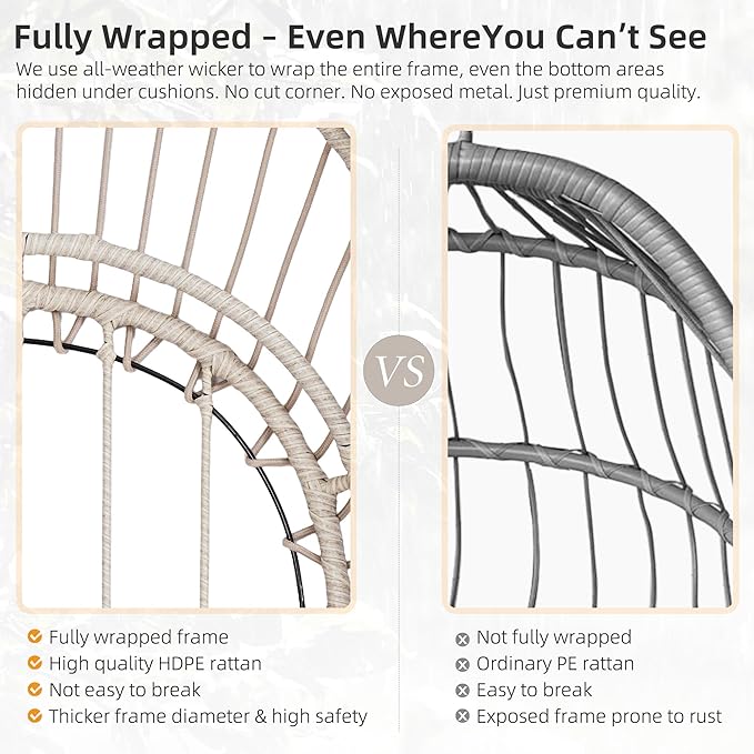 Foldable Hanging Egg Chair with Stand, HDPE Rattan and Heavy Duty Aluminum-Steel Frame, Outdoor Patio Wicker Swing Egg Chair with Headrest and Cushioned, 350 Lbs Capacity (Beige)