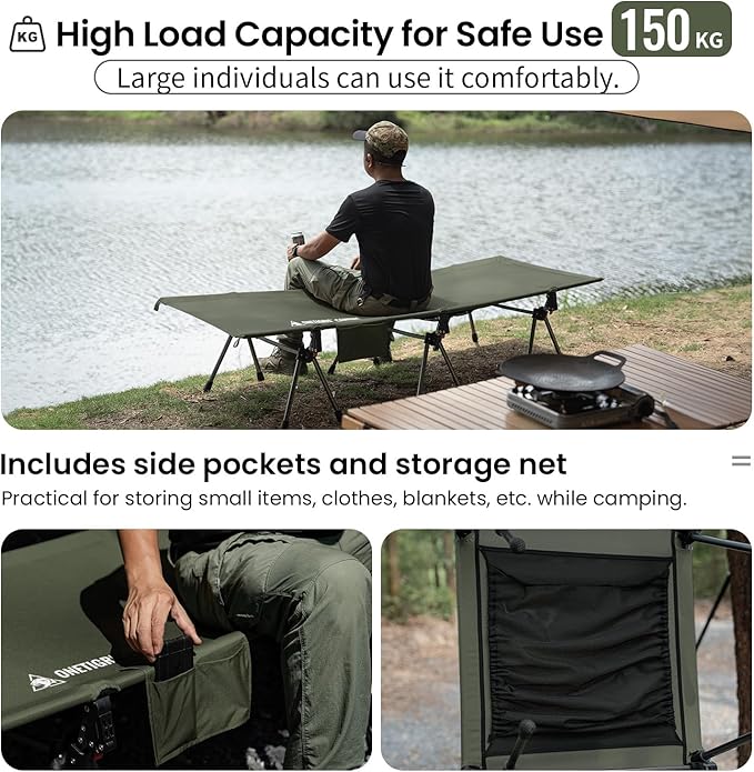 ONETIGRIS SUPRANUBIS Camping Cot, Height Adjustable with Cot Leg Extenders, Strong Support 330lbs, Lightweight Comfortable Folding Bed for Camping, Hiking, Travel, Truck, Beach, Office Nap