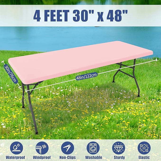 Spandex Picnic Table Cloth 2 Pack, Elastic Fitted Tablecloths for 4 Foot Rectangle Tables, Stretch Washable Patio Table Cover for Outdoor, Camping, Banquet and Parties (Pink, 30"x48")
