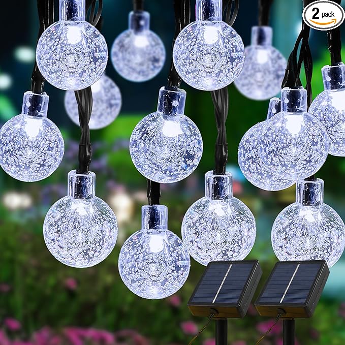 Solar Lights Outdoor Waterproof, 2 Pack Total 120LED 72FT Solar String Lights for Outside with 8 Modes, Outdoor String Lights Crystal Globe Patio Lights for Garden Yard Party Decor (Cool White)