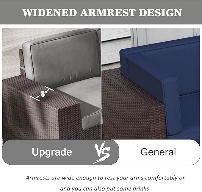 LayinSun 7 Pieces Outdoor Patio Furniture Set with 44" Fire Pit Table Brown Rattan Sectional Sofa Conversation Sets