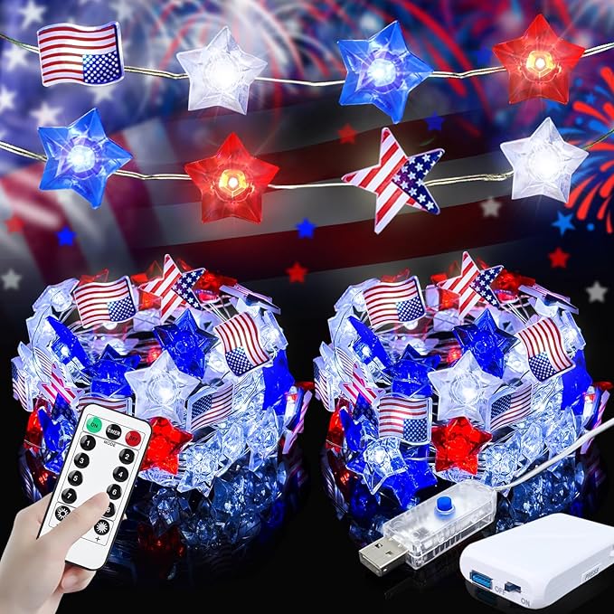 4th of July Decorations String Lights with Remote 2Pack, 16FT Red White Blue Patriotic Lights with 50LED Flag Stars, USB & Battery Powered Fairy Light for Patriotic Memorial Day Independence Day Decor