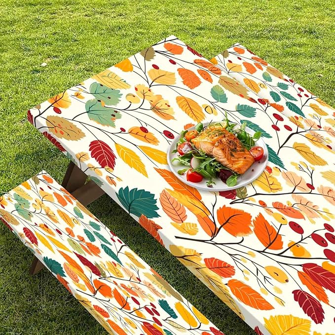 CAPSCEOLL Elastic Picnic Table Cover with Bench Covers 5Ft Waterproof Fitted Picnic Table Cover Cloths for Outdoors Camping Tablecloth with Drawstring Bag, 60X30in, Fall Leaves