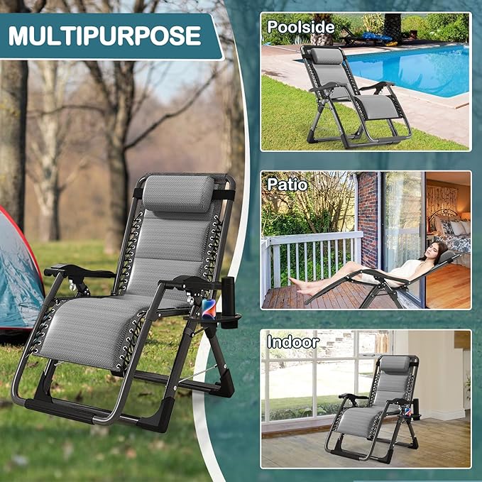 NAIZEA Padded Zero Gravity Chair, Cooling Fabric Folding Outdoor Lounge Chairs, Adjustable Reclining Camping Chairs with Cup Holder, Ergonomic Patio Lawn Chair for Balcony Beach Deck Yard