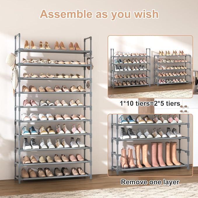 VTRIN 10 Tiers Shoe Rack Tall Large Capacity 50 Pairs Wide Shoe Organizer Sturdy Shoe Shelf for Entryway with Two Hooks Metal Shoe Storage for Closet, Bedroom, Grey