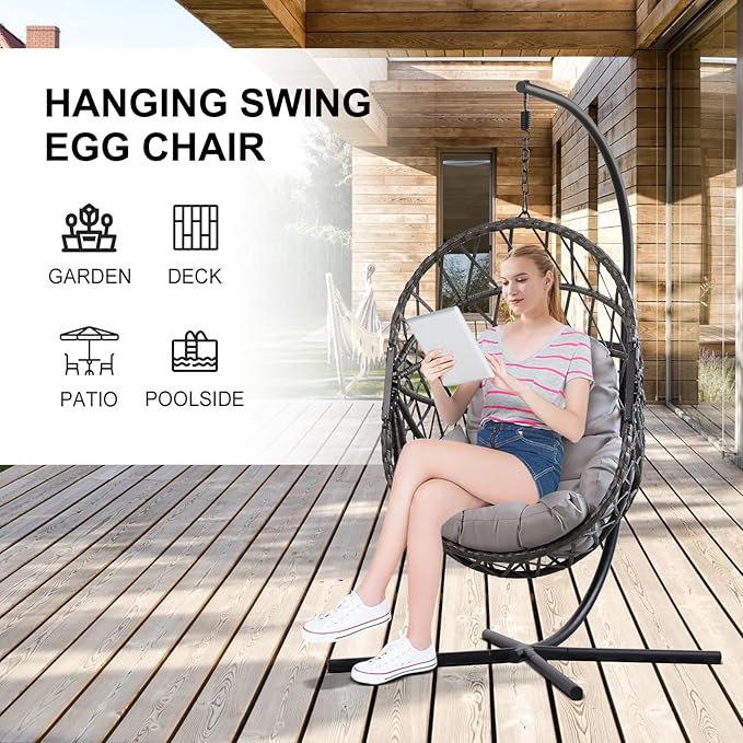 PRIVATE GARDEN Hanging Egg Chair with Stand Indoor Outdoor Unique PE Rattan Wicker Basket Chair with Grey Cushion Folding Swing Chair (Grey)
