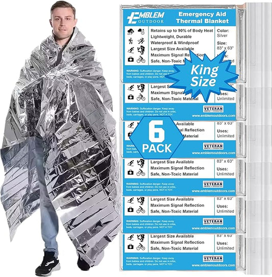 Thermal Emergency Blanket for Survival, Hiking, Camping, First Aid, and Bug Out Bag for Protection from Cold, Rain, and Weather Exposure. Extra Large Mylar-Survival Blanket for Car, Outdoors (6-Pack)