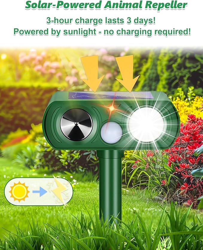 2PCS Solar Ultrasonic Animal Repellent Outdoor- Ultrasonic& Strobe Light Deer Repellent Devices for Deer/Cat/Squirrel/Raccoon/Rabbit/Bird/Owl/Dog - PIR Motion Detection, Yard Garden Protection