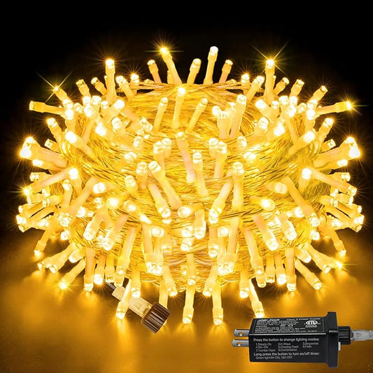 Ollny Christmas Lights Outdoor 200LED 60FT, Warm White Connectable Plug in Fairy Light Indoor, 8 Modes Waterproof Timer Plug in LED String Lights for House Outside Bedroom Patio Balcony