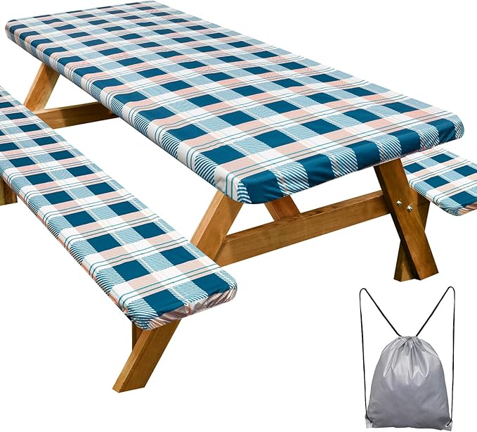 Picnic Table Cover with Bench Covers Camping Essentials Waterproof Windproof Camping Tablecloth with Drawstring Bag, Fitted Rectangle Tables and Seats, 72in, Green Checkered