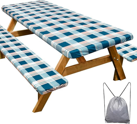 Picnic Table Cover with Bench Covers Camping Essentials Waterproof Windproof Camping Tablecloth with Drawstring Bag, Fitted Rectangle Tables and Seats, 72in, Green Checkered