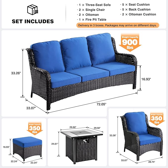 ovios 6 Pieces Patio Furniture Set with 30" Fire Pit Table, Outdoor Wicker Sofa with Ottomans, Comfy Cushions, High Back Couch Conversation Set, Brown Rattan, Navy Blue
