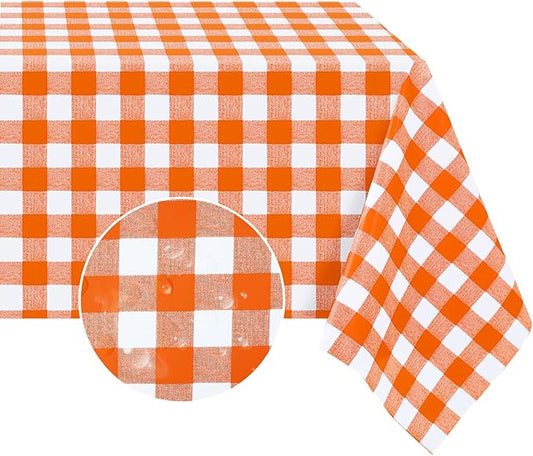 Romanstile Square Vinyl PVC Tablecloth, 100% Waterproof Buffalo Plaid Plastic Table Cloth, Oil Proof Heavy Duty Wipeable Table Covers for Dining/Camping/Picnic/Outdoor - 54 x 54, Orange and White