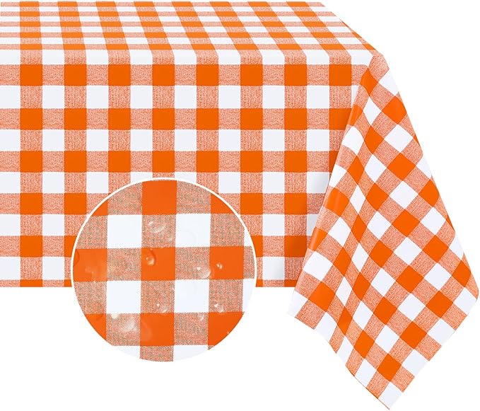 Romanstile Rectangle Vinyl PVC Tablecloth, 100% Waterproof Buffalo Plaid Plastic Table Cloth, Oil Proof Heavy Duty Wipeable Table Covers for Dining/Camping/Picnic/Outdoor - 54 x 108, Orange and White